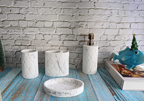 Hymmah Bathroom Accessories Set,Marble Design Toothbrush Holder,Farmhouse Bathroom Decor,4 Pcs Resin Gift Set Apartment Necessities, Contain Toothbrush Cup,Soap Dispenser,Soap Dish,Tumbler - color: White Marble