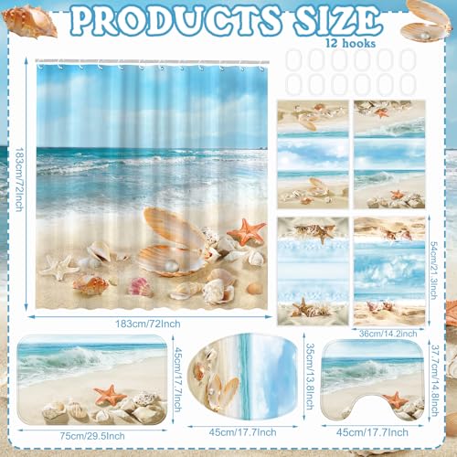 FuWeave 8 Pcs Summer Beach Shower Curtain Set Bathroom Decor Sea Ocean Waterproof Bathroom Accessories Shower Curtain Sets with Towels Carpet Bath Mat Toilet Rugs and 12 Hooks - color: Beach