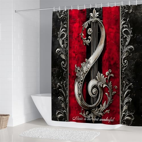 Chrainy 4pcs Musical Note Gothic Shower Curtain Set for Bathroom Red and Black Vintage Music Abstract Bathroom Decor Sets with Shower Curtain and Rugs,Accessories Bath Mat,U Shape and Toilet Lid Cover - color: Black