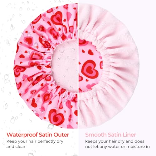 Shower Cap for Women Terry Lined Bath Cap Large Reusable Waterproof Elastic Band Pink Love Shower Caps for Long Thick Hair Soft Bath Shower Hair Caps - color: Pink Cute Hearts