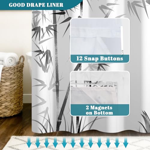 No Hook Shower Curtain and Snap in Liner Set, Black and White Ink Wash Bamboo Print Shower Curtains for Zen Minimalist Japandi Spa Bathroom, Waterproof Bath Curtain with Mesh Top, 71x74 Inch - color: Bamboo