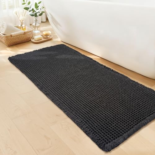 Black Long Bathroom Rug - Waffle Runner Bath Mat Non Slip Washable, Super Absorbent & Quick Dry, Boho Bath Mat Farmhouse Bathroom Decor, 24'' x 60'', Black - color: Black, size: 24'' X 60''