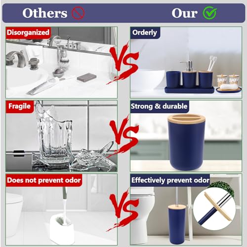 SLDIYWOW Blue Bathroom Accessories, 9-Piece Navy Blue Bathroom Accessories with Trash Can,Tray,Soap Dispenser,Toothbrush Holder,Toothbrush Cup,Soap Dish,Toilet Brush and Q-tip Holders for Bathroom - color: Navy Blue