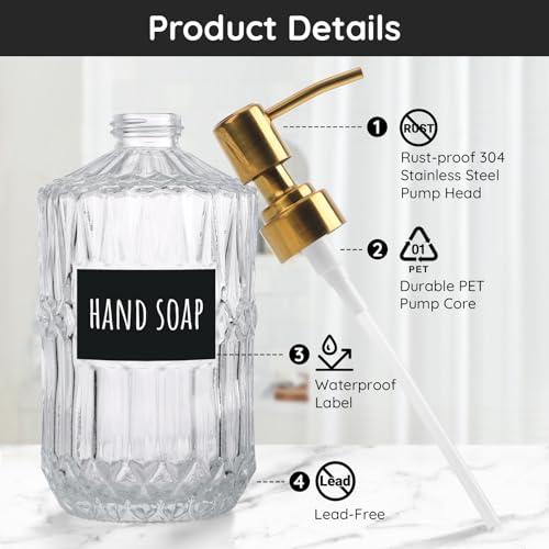 Segbeauty 15.2oz Glass Hand Soap Dispenser Bathroom, 2pcs Clear Glass Pump Dispensers for Countertop, 450ml Gel Lotion Liquid Bottles with Stainless Steel Pump, Body Wash Shampoo Conditioner Container - color: Clear Gold, size: 15.2oz/450ml