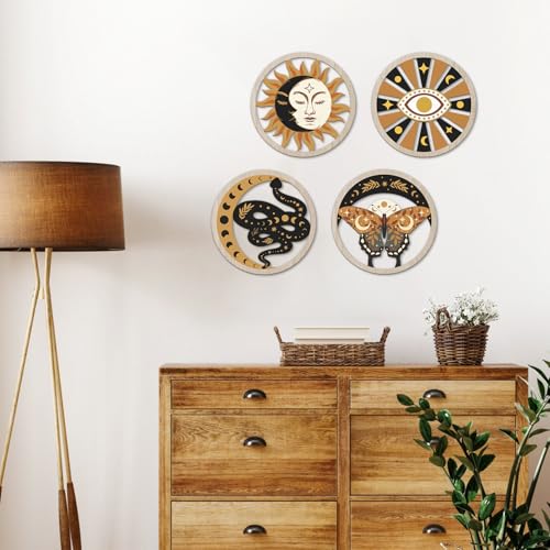 TOARTi 4Pieces Black Gold Gothic Wooden Wall Art, Mystical Witchy Sun Moon Butterfly Round Wall Decor,Boho Celestial Hanging Sign, Modern Aesthetic Mystical Snake Evil Eye Artwork - color: 4PCS Black Gold Gothic Wooden Wall Art