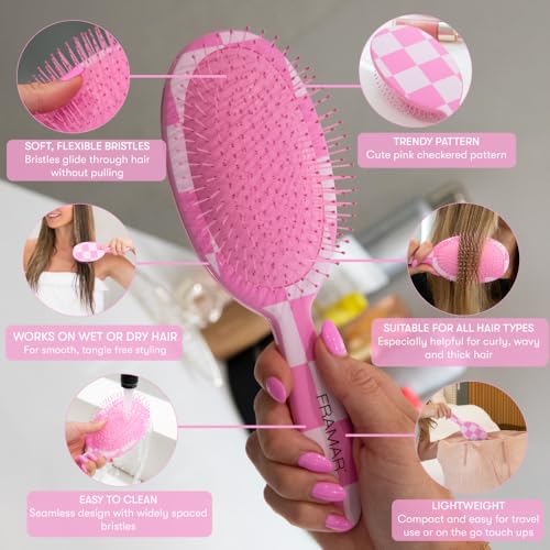 FRAMAR Checkered Hair Brush Detangler – Wet Hair Brushes For Women, Womens Hair Brush, Hair Accessories, Hairbrush For Women, Cepillos Para Cabello, Reduces Breakage – Detangle Brush - Pink - color: Pink Checkered
