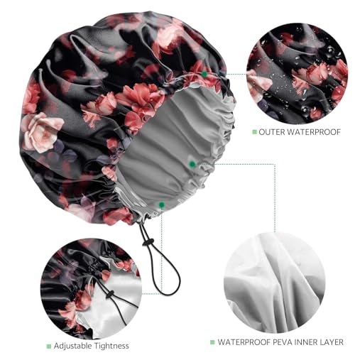 2 PCS Shower Cap Waterproof Double Layer Elastic Adjustable Reusable Hair Bath Caps for Girls Women Cute Aesthetic-Purple Red - color: G20-Purple Red