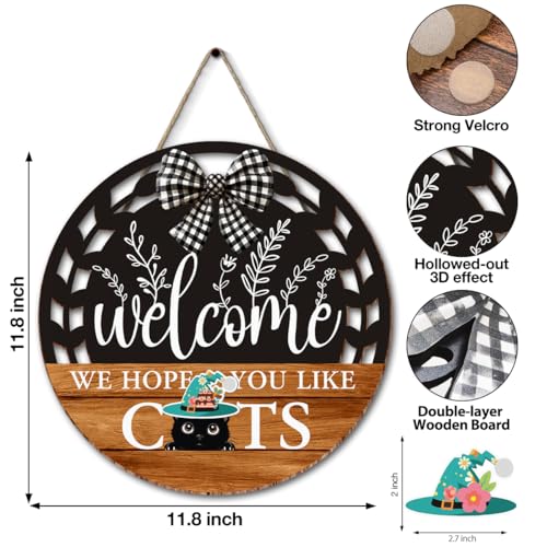 Interchangeable Seasonal Welcome Hanging Sign - Farmhouse Front Door Decoration for Holidays - Rustic Round Wood Wreaths with 12 Icons – Welcome Cat Lover(Orange) - color: catsorange