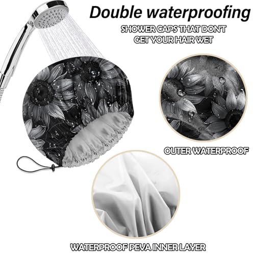 2 PCS Shower Cap Reusable Waterproof Double Layers Hair Caps Shower Bath Adjustable Elastic Hat for Women Girls Cute Aesthetic-Bat Sunflower - color: AI12-Bat Sunflower