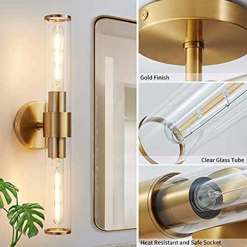 Hardwired Gold Bathroom Vanity Light Clear Glass Wall Sconce | Up & Down Bidirectional Lighting, Damp Rated For Bathrooms, Dimmable, Rustproof Gold Metal, 5-Year Manufacturer Warranty - color: Clear,Gold