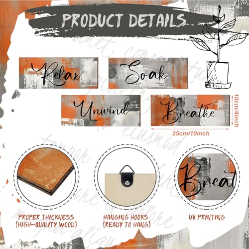 Maitys 4 Pcs Orange Bathroom Wall Decor 10 x 4 Inch Fall Bathroom Wall Art Contemporary Wood Restroom Picture for Thanksgiving Day Soak Unwind Relax Hanging Sign Spa Rustic Vintage Farmhouse Pediment - color: Orange