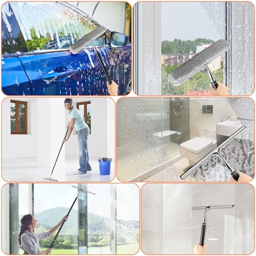 Max 62'' Metal Squeegee with Extension Pole for Window, Glass Door, Mirror,12'' Wide Telescopic Shower Squeegee Cleaner With Long Handle for Cleaning Tile Wall, Floor, Car, Bathroom,Screen, Windshield