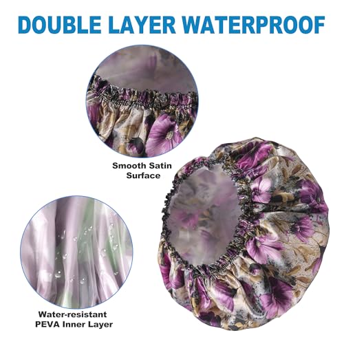 Shower Cap for Women Set of 4, Bath Caps, Double Layers Hair Caps + 2 Satin Hair Scrunchies, Reusable Waterproof Shower Caps, Elastic Hair Cap for Shower - Pattern C - color: Pattern C