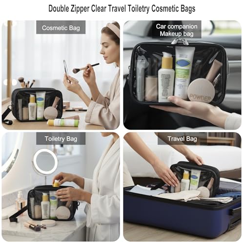 Clear Makeup Bag for Women, Double Zipper Travel Toiletry Cosmetic Bags, Portable Make up Bag Organizer Case Travel Essentials, Black - color: Black 166