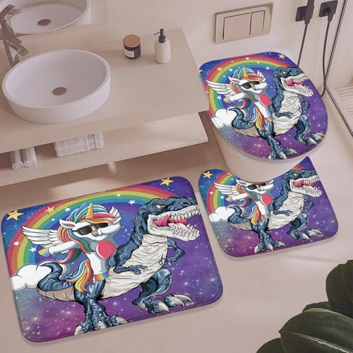 4Pcs Shower Curtain Set, Funny Unicorn Dinosaur Kids Bathroom Shower Curtain with Rugs and Accessories,with Non-Slip Rugs, Toilet Lid Cover and Bath Mat for Bathroom Decor Set - color: Unicorn Dinosaur