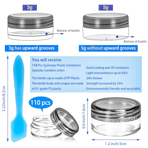 110 Pack 5g Plastic Jars with Lids, 5ml Round Clear Cosmetic Containers Makeup Jars, 5gram Travel Size Container Jar with Spatulas for Makeup Sample Lotion Cream Ointment Salve Balm Powder - color: Black, size: 5g