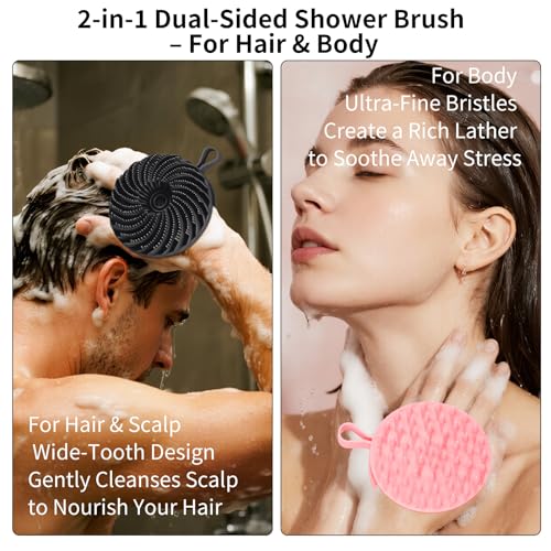 2 Pcs Larger Silicone Body Scrubber&Scalp Massager Hair Growth,Dual Sided Dual-Use,Exfoliating Body Scrubber,Wet&Dry Brush for Hair Massager Scalp,Silicone Shower Scrubber (Black and Pink) - color: Black and Pink