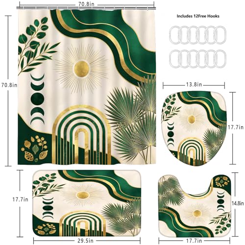LQCOOL 4Pcs Boho Shower Curtain Set, Green Leaf Bathroom Sets, Waterproof Bathroom Sets with Shower Curtain and Rugs, Shower Curtain with 12 Hooks - color: Black Gold