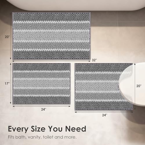 ArtyCozy Chenille Bathroom Rugs 3 Pieces, Extra Thick Absorbent Non Slip Bath Mats with U-Shaped Toilet Rug, Soft Plush Bath Floor Mat Machine Washable, Grey, 17"x24" Plus 20"x32" Plus 20"x24" - color: Grey, size: 17" × 24" + 20" × 32" + 20" × 24"