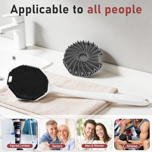 Back Scrubber for Shower for Men 2 Pack, Silicone Body Scrubber with Long Handle, Detachable Body Wash Scrubber Shower Scrub Brush -Lathering Bristles Deep Clean Exfoliator Women Mens Black+Grey - color: Black+grey