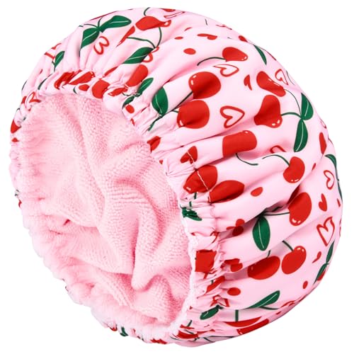 Shower Cap for Women Terry Lined Bath Cap Large Reusable Waterproof Elastic Band Pink Cherry Shower Caps for Long Thick Hair Soft Bath Shower Hair Caps - color: Pink Cherry Heart