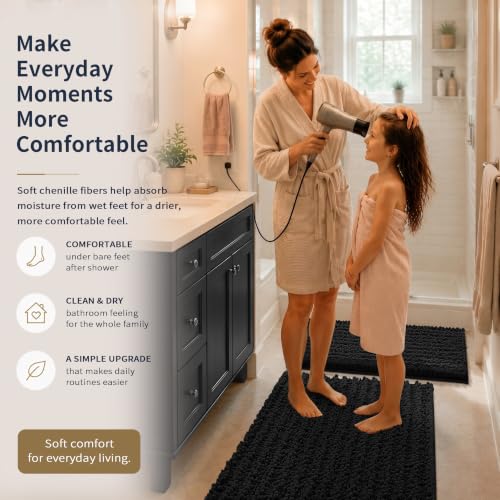 Yimobra Black Bathroom Rug Set 3 Piece - Super Absorbent Quick Dry Chenille Bath Mats & Toilet Rug, Non Slip Machine Washable, Extra Thick Shaggy Floor Mat for Shower Tub Sink - color: Black, size: 24"x20" + 30"x20"+ 44"x24"
