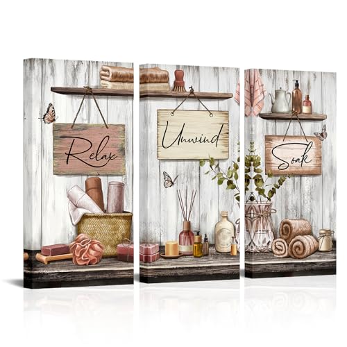 sechars Bathroom Wall Art Relax Unwind Soak Signs Canvas Prints Brown Spa Decor, 8x16 Inches Each, Framed (Brown) - color: Brown