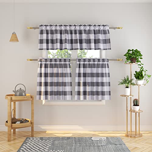 3 Pc Cotton Classic Country Farmhouse Kitchen Window Curtain -Grey & White Buffalo Check Tier & Valance Set, 54" x 18" / 27" x 30" - color: Plaids Grey&white, size: 27"W x 30"L (Pack of 3)