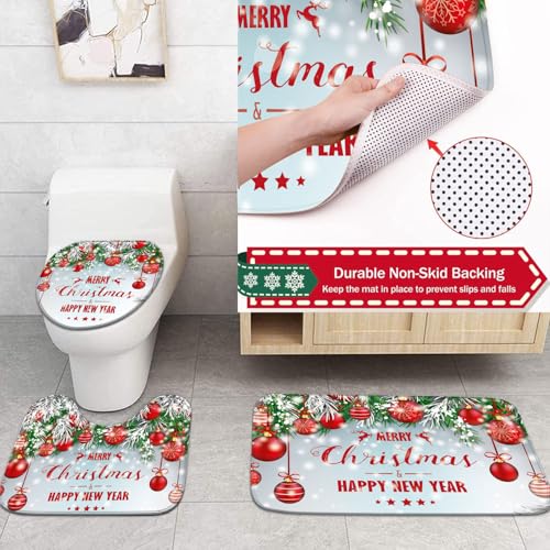 Merry Christmas Shower Curtain Bathroom Sets 4 Pieces, Red Lantern Shower Curtain with Toilet Lid Cover and Rugs, Waterproof Happy New Year Xmas Curtain for Bath Toilet Restroom Home Decorations - color: Merry Christmas