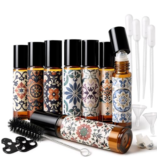 Roller Bottles for Essential Oils 8 Pack Roll On Bottles 10ml Amber Glass | Roller Bottle Thick Empty Glass with Oil Perfume Lip Gloss DIY Kits Boho Stickers, Leak-Proof Refillablefor Travel Gift - color: Amber, size: 8 Pack