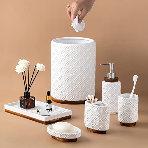RQYIXI 6Pcs Ceramic Bathroom Accessories Set,Cream White,Embossed Textured | Ceramic & Wooden Bathroom set includes: Soap Dispenser Toothbrush Holder Tray Tumbler Soap Dish Trash Can - color: B-white