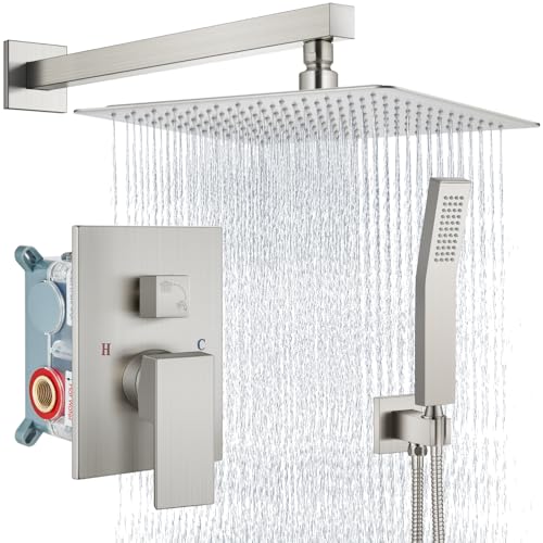 Aolemi Shower Faucet Set Rain Shower System with Handheld Spray Bathroom Shower Combo Rough-in Valve and Shower Trim Kit Included Brushed Nickel 16 Inch Wall Mount Shower Head - color: Brushed Nickel, size: 16 Inch Wall Mount Shower Head