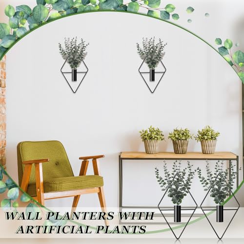 Jexine 4 Pcs Hanging Planters with Artificial Eucalyptus Metal Hanging Vase Indoor Plants Holder Modern Geometric Boho Bathroom Wall Decor for Living Room Home Office(Black) - color: Black, size: Eucalyptus