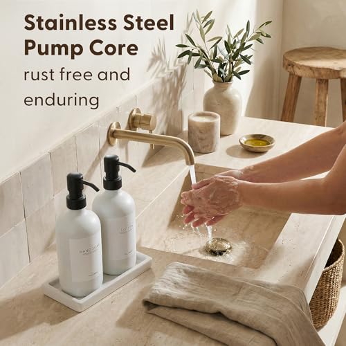 MaisoNovo Bathroom Soap Dispenser Set- Soap and Lotion Dispenser Set with White Soap Dispenser, Black Pumps & Ceramic Tray - color: White Bottles/ Black Pumps/ White Ceramic Tray