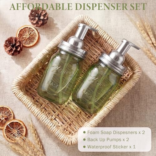 Amolliar Plastic Mason Jar Foaming Soap Dispenser Pump Lid, 16oz Foam Soap Dispenser with Cute Lables - Green Refillable Hand Soap Dispenser for Bathroom Kitchen Shower (2 Pack, Silver) - color: Silver