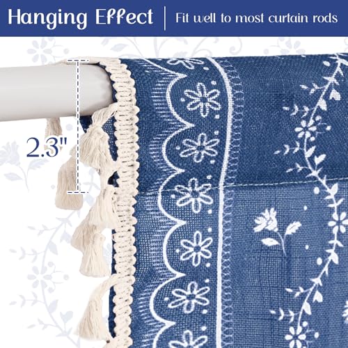Yinhua Boho Tie Up Curtains for Windows Vintage Linen Valance Light Filtering Floral Valance Rod Pocket Rustic Adjustable Tassel Window Valances for Bathroom, 42" W X 45" L, Blue - color: Blue, size: 42"W x 45"L (Pack of 1)