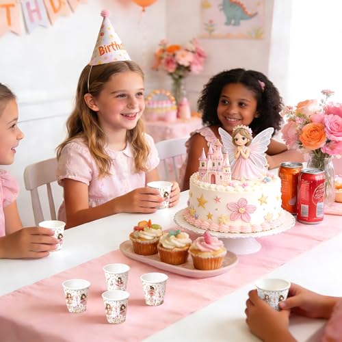 WRAPAHOLIC 3oz Fairy Birthday Paper Cups - 100 Pack Disposable Bathroom Cups with Flower Fairy Castle Design, Small Mouthwash Cup for Toothbrush Rinse, Home Bathroom and Baby Girls Shower - color: Pink Fairy