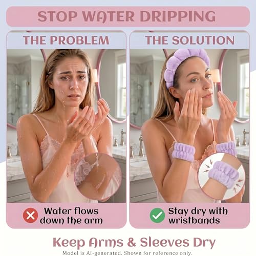 Skincare Headband Washing face Wristband Set, Purple | Soft absorbent fabric, snug head-hugging fit for face washing, skincare, makeup, masks, travel, women and teen girls - color: Purple