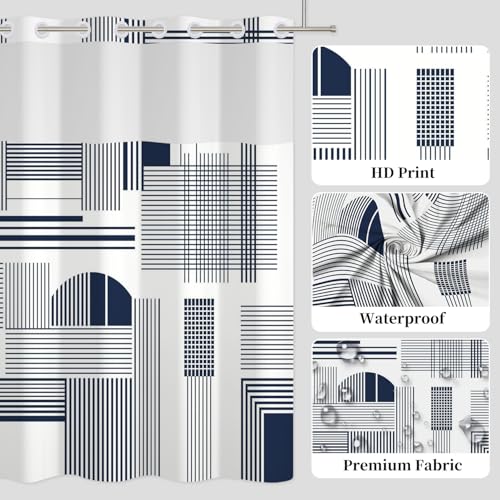 No Hook Geometric Shower Curtain with Snap in Liner, 71x74 Inch | Navy Blue Modern Line Pattern Shower Curtains for Contemporary Bathroom, Mesh Top Window Waterproof Washable Fabric - color: Dark Blue