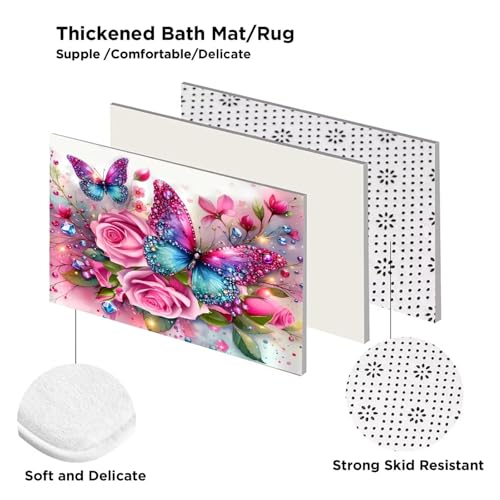 DDQQ 4Pcs Pink Glitter Floral Shower Curtain Set Rose Bathroom Sets Butterfly Diamond Shower Curtain with 12 Hooks Bathroom Decor with Rugs Bath Accessories with Mats Toilet Lid Cover - color: Red