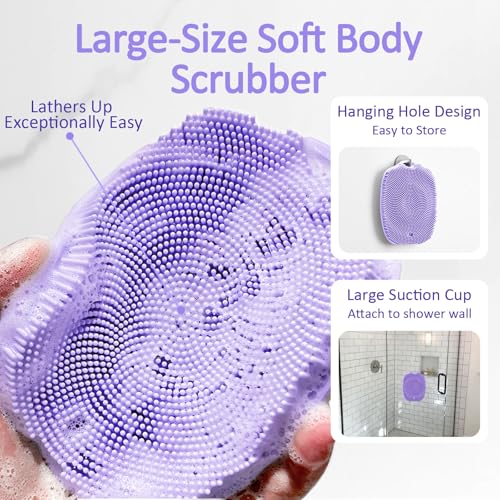 Soft Silicone Body Scrubber, Gentle Like a Hand Exfoliating Your Skin and Build Up Lather Easily, Back Large Suction Cup Easy to Store, Long-Lasting & Deep Clean (Purple) - color: Purple