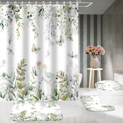 DDQQ 4Pcs Spring Shower Curtain Set Dragonfly Butterflies Bathroom Sets with Rugs, Green Leaf Flower Bathroom Shower Curtain Set with Carpet Bath Mat Toilet Rugs - color: Light Green