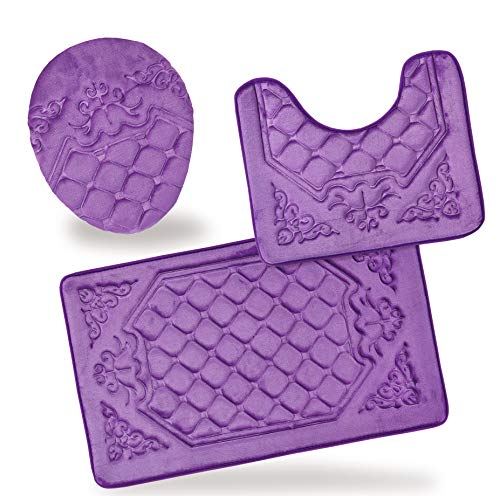 All American Collection 3PC Memory Foam Bath Mats Soft Plush Crown Design Anti-Slip Shower Bathroom Contour Toilet Lid Cover Rugs (Purple) - color: Purple