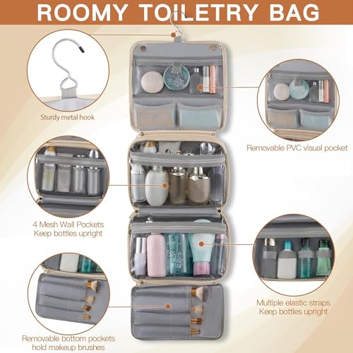 Elviros Hanging Travel Toiletry Bag for Women Vegan Leather (Beige) | 3-in-1 Waterproof Makeup Bag with Compartments for Skincare, Toiletries, Accessories, and Travel Essentials - color: Beige, size: 1 Pack