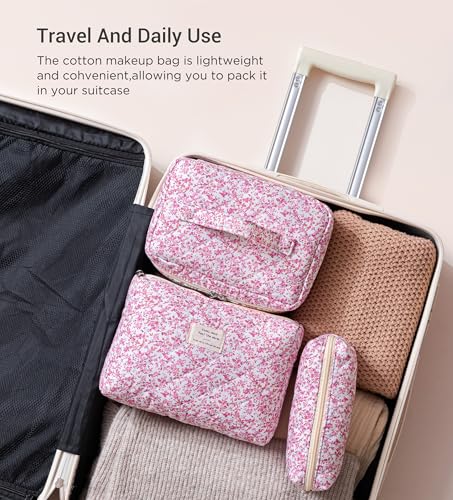 HBselect Quilted Makeup Bag, 3PCS Cotton Large Travel Makeup Bag, Cute Floral Coquette Make up Bag Cosmetic Bag Toiletry Bag for Women Girls - color: A-3PCS-Floral 20