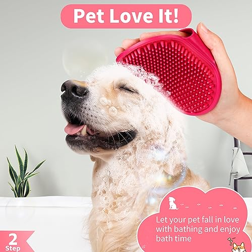 Comotech 6PCS Dog Bath Brush & Dog Toothbrush | Adjustable Handle Shampoo Brush & Scrubber for Short & Long Haired Dogs & Cats | Effectively Solve Odor & Stain Removal Problems (Pink Red Pink) - color: Pink Red Pink