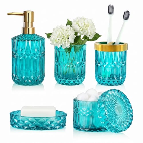 LaMarriti Teal Blue Bathroom Accessories Set, 5Pcs Clear Glass Bathroom Set, Hand Soap Dispenser Set, Soap Dish, Toothbrush Holder, Tumbler, Q-Tips Holder for Crystal Vantage Bathroom Decor - style: Teal Blue