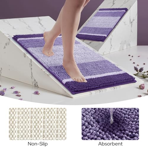 HOMEIDEAS Purple Bathroom Rugs Set of 2, Thick Absorbent Chenille Bath Mats, Non-Slip Soft Shaggy Rugs for Bathroom Floor, 20" x 32" Plus 17" x 24" - color: Purple