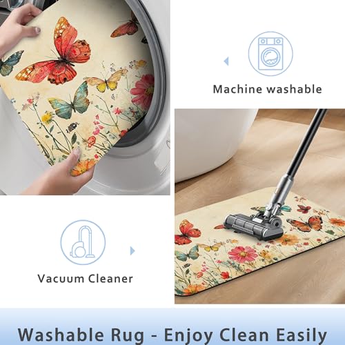 Retro Butterfly Flowers Bathroom Rug 29.5"x17", Super Absorbent Fast Drying Bath Mat with Non-Slip Rubber Backing, Thin Low-Profile Easy-Clean Bathroom Floor Mat for Shower or Tub - color: Retro Butterfly Flowers