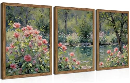 Framed Monet Wall Art Set of 3, Impressionist Botanical Floral Canvas Wall Decor, Vintage Cottagecore Artwork Paintings, Nature Landscape Flowers Prints Pictures for Living Room Bedroom 16x24 Inch - color: Green Flower Lake, size: 24"L x 16"W